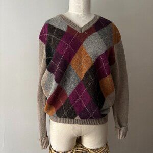2/$40  Vintage Wool Argyle Sweater | Multi-coloured V-neck Knit